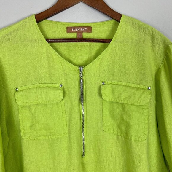 Ellen Tracy Top Womens Large Green 100% Linen 3/4 Roll Tab Short Sleeve Shirt L - Picture 4 of 11